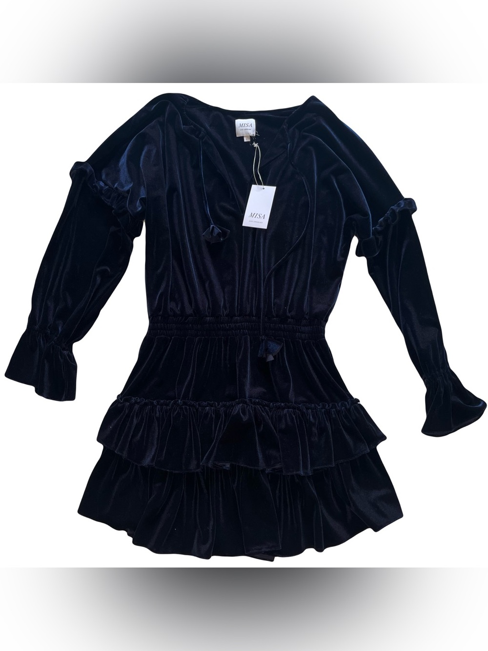 MISA Los Angeles Dress Navy Blue Velvet Ruffle Mini Long Sleeve Romantic Holiday